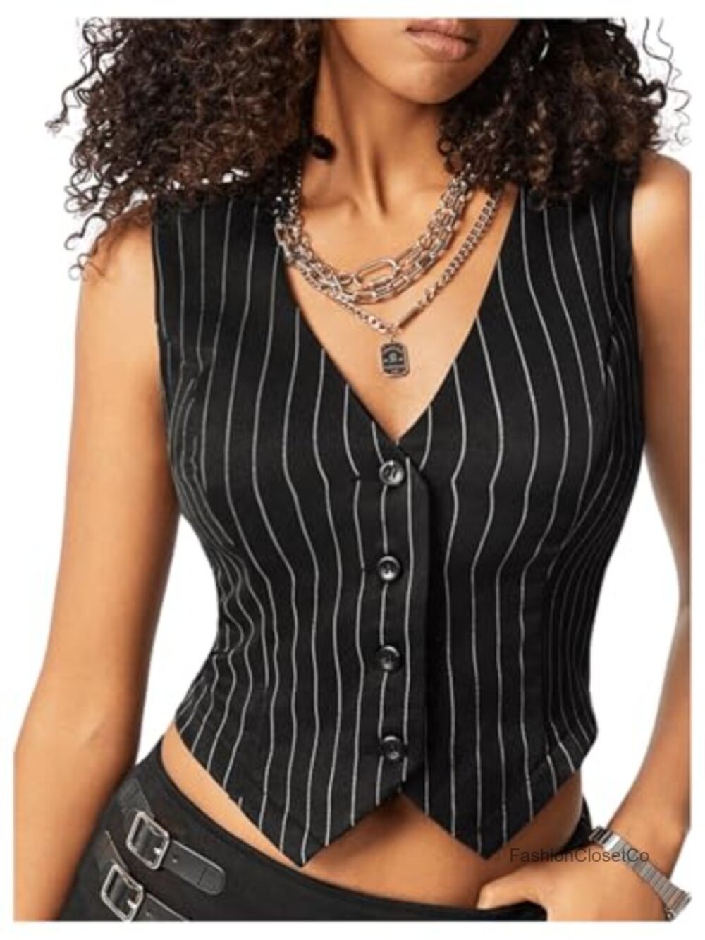 Women's V Neck Striped Blazer Vest Sleeveless Crop Waistcoat